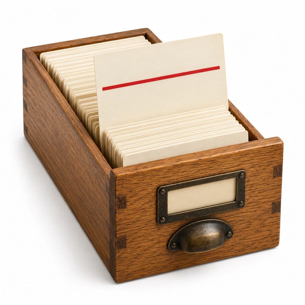 A card-file drawer of index cards, one card pulled out with a red line through it.