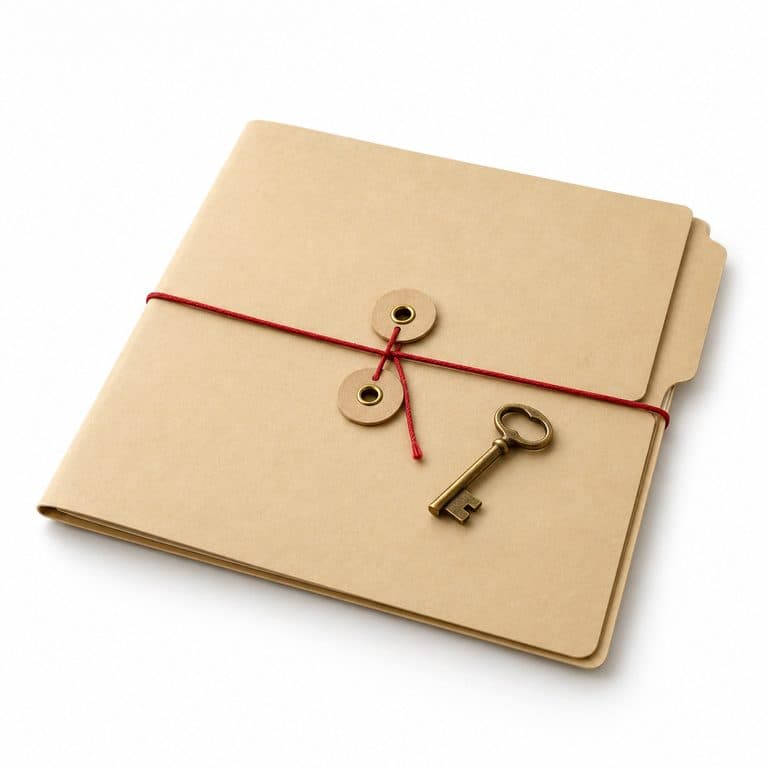A closed folder tied with red string, a key on top.